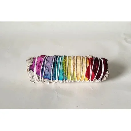 4″ White Sage & Chakra Rose Petals Smudge Stick
