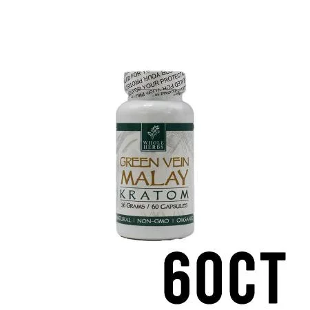 60ct Green Vein Malay Whole Herbs Kratom Capsules