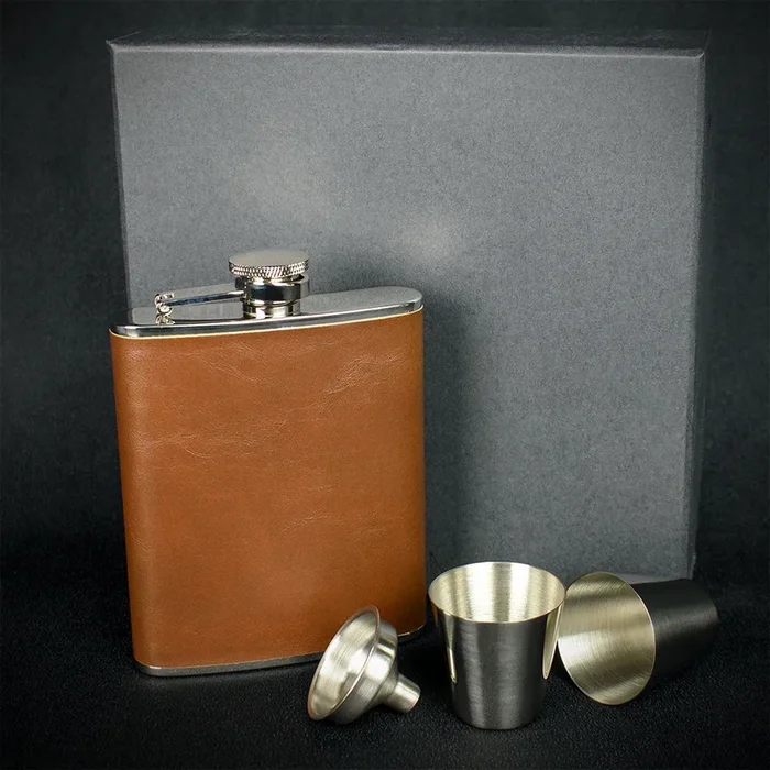Brown Leather Hip Flask + 2 Cups – 6oz Stainless Steel