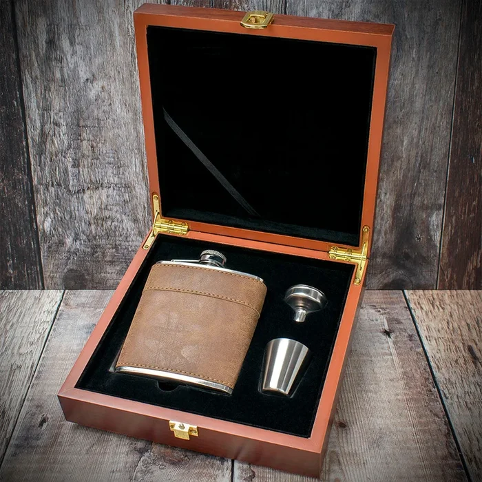 Brown Leather Hip Flask Gift Set – 6oz Stainless Steel