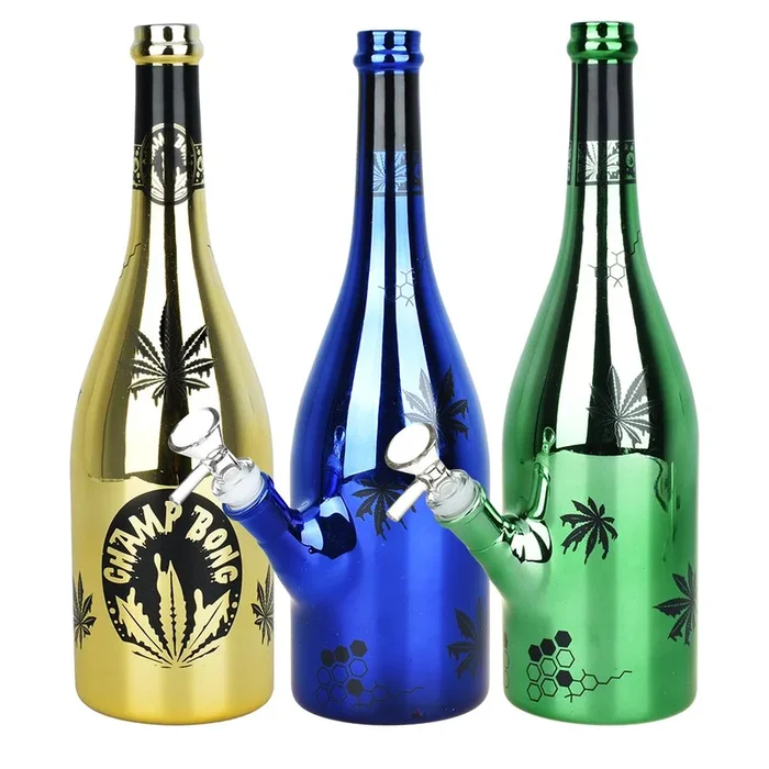Dabtized Champagne Bottle Glass Water Pipe – 12″ / 14mm F / Assorted Colors