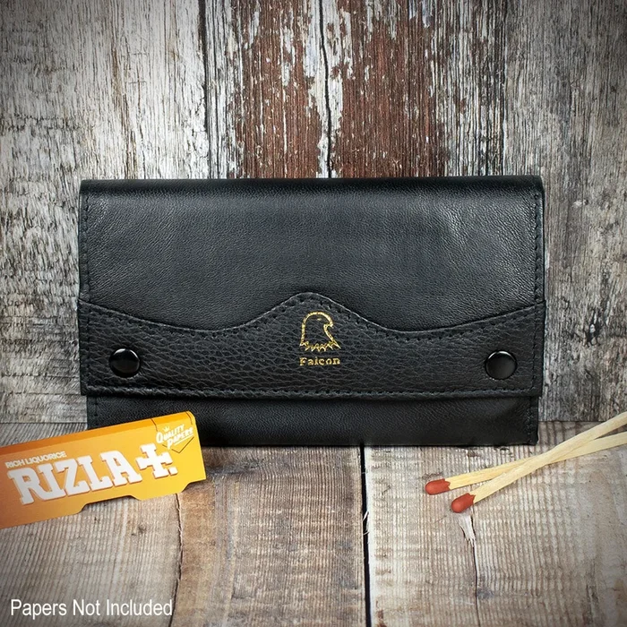 Falcon Black Leather Box Button Handrolling Pouch 590F