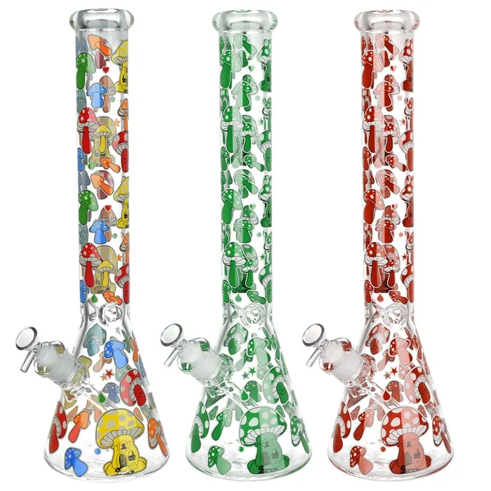 Glow Mushroom Beaker Water Pipe – 18″ / 14mm F / Colors Vary