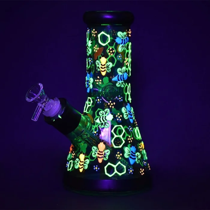 Phantasmagoric Glow In Dark Beaker Glass Water Pipe – 8″ / 14mm F / Designs Vary