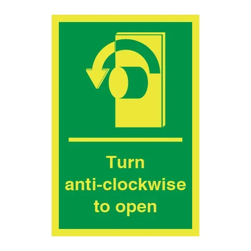 Photoluminescent Fire Signs – Turn Clockwise to Open Sign
