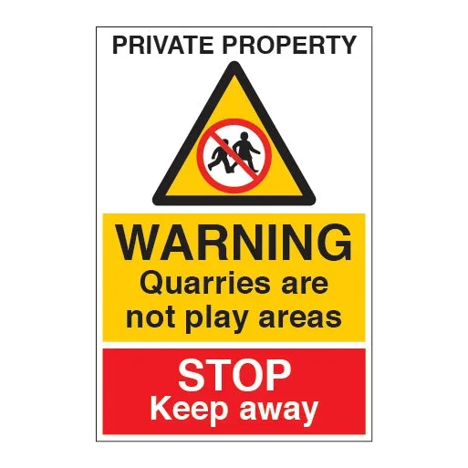 PRIVATE PROPERTY WARNING Quarries are not play areas STOP Keep away Sign