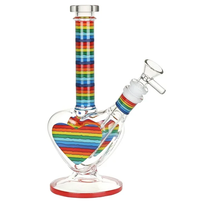 Rainbow Striped Heart Glass Water Pipe – 8.5″ / 14mm F