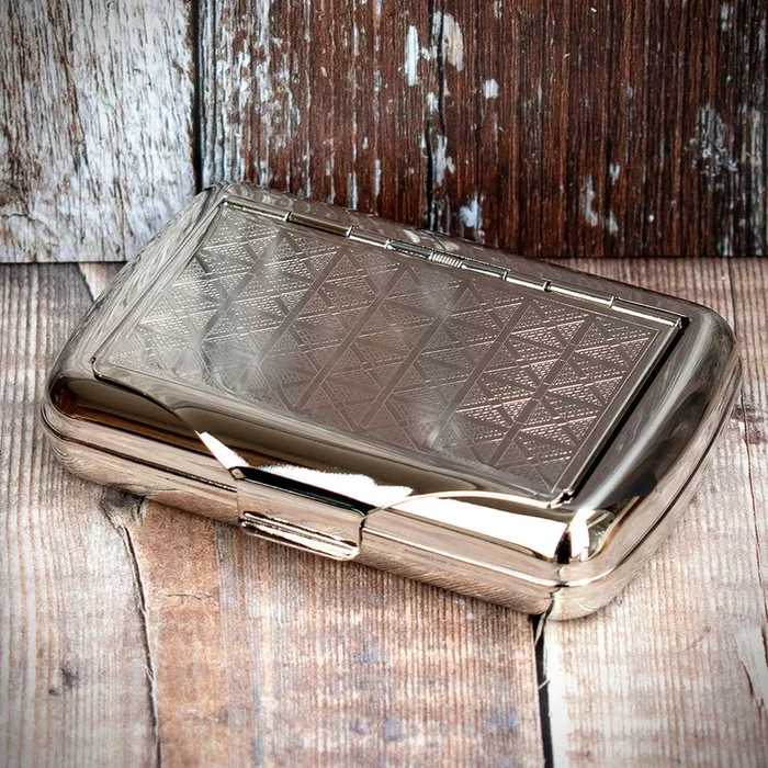 Tobacco Tin with Paper Holder – Patterned Chrome Top