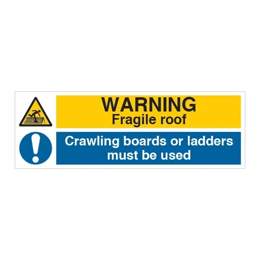 Warning Fragile Roof Crawling Boards or Ladders Must Be Used Sign