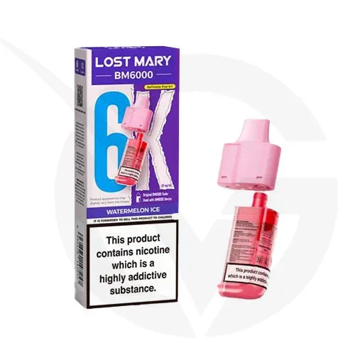 Watermelon Ice Prefilled Pods By Lost Mary BM6000 + Refill Containers